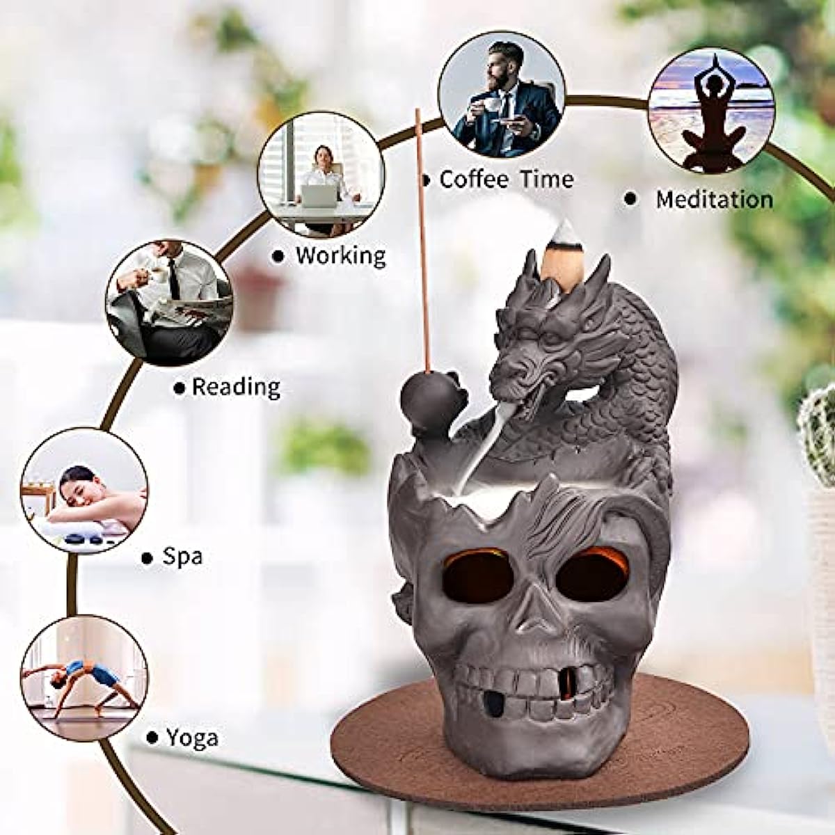 Backflow Incense Holder Burner Handmade Dragon And Skull Ceramic Incense Holder Waterfall Backflow Incense Burner + 20 Backflow Incense Cones + 30 Incense Sticks +1 Tweezer +1 Mat