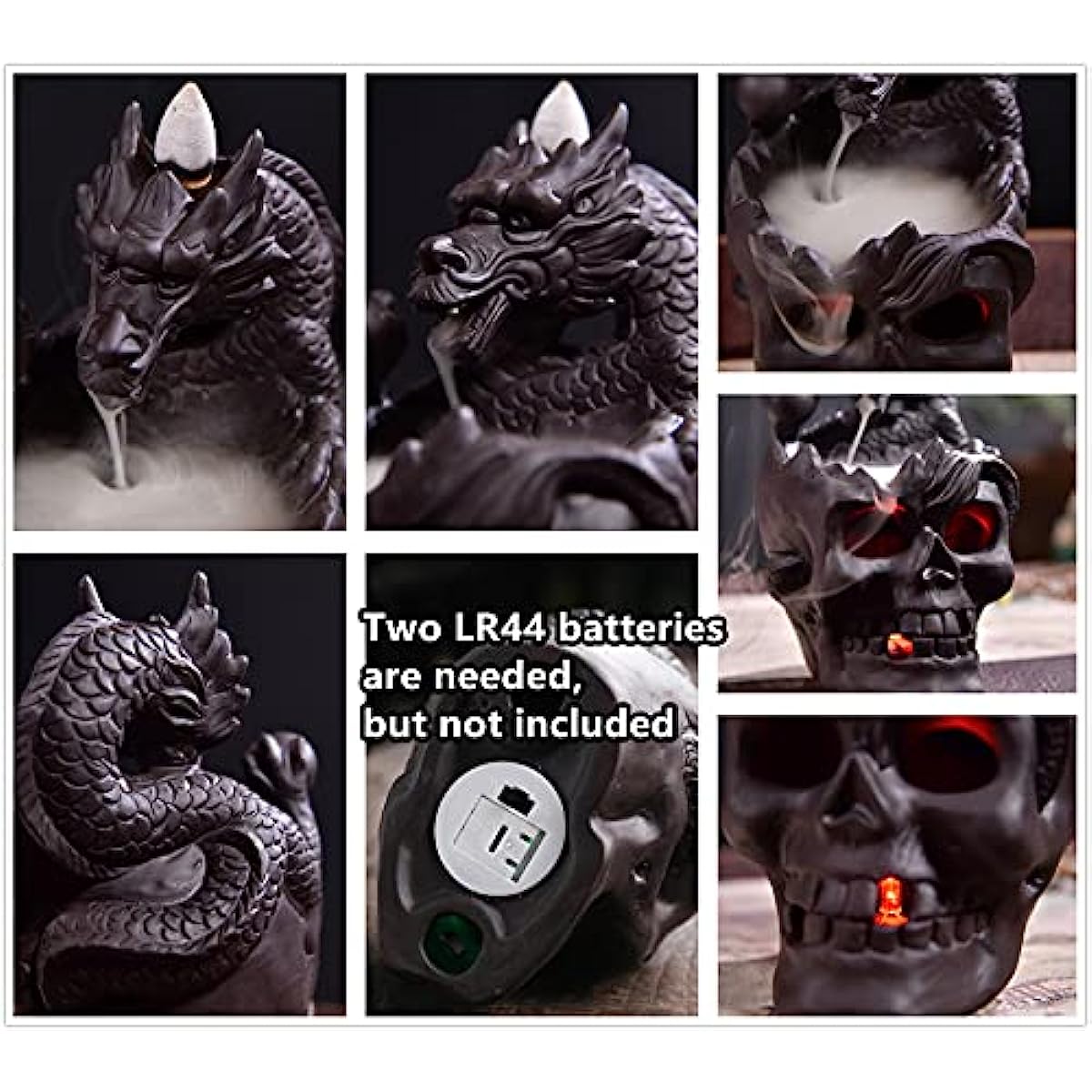 Backflow Incense Holder Burner Handmade Dragon And Skull Ceramic Incense Holder Waterfall Backflow Incense Burner + 20 Backflow Incense Cones + 30 Incense Sticks +1 Tweezer +1 Mat