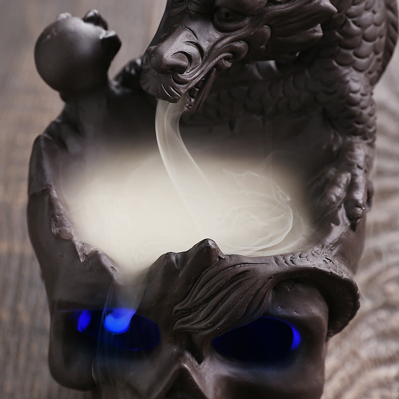 Backflow Incense Holder Burner Handmade Dragon And Skull Ceramic Incense Holder Waterfall Backflow Incense Burner + 20 Backflow Incense Cones + 30 Incense Sticks +1 Tweezer +1 Mat